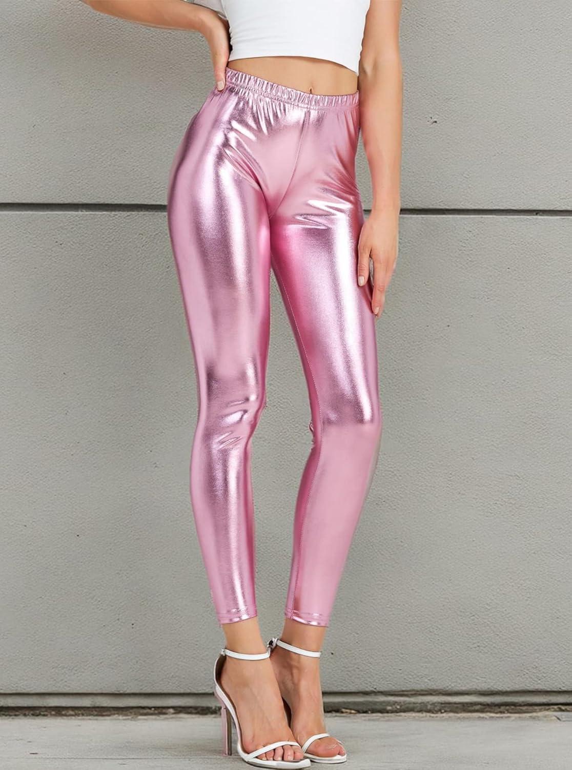 imageWomen Shiny Metallic Sports Leggings Bright Pencil Pant Fitness Fashion Jeggings Candy Color TrousersPink