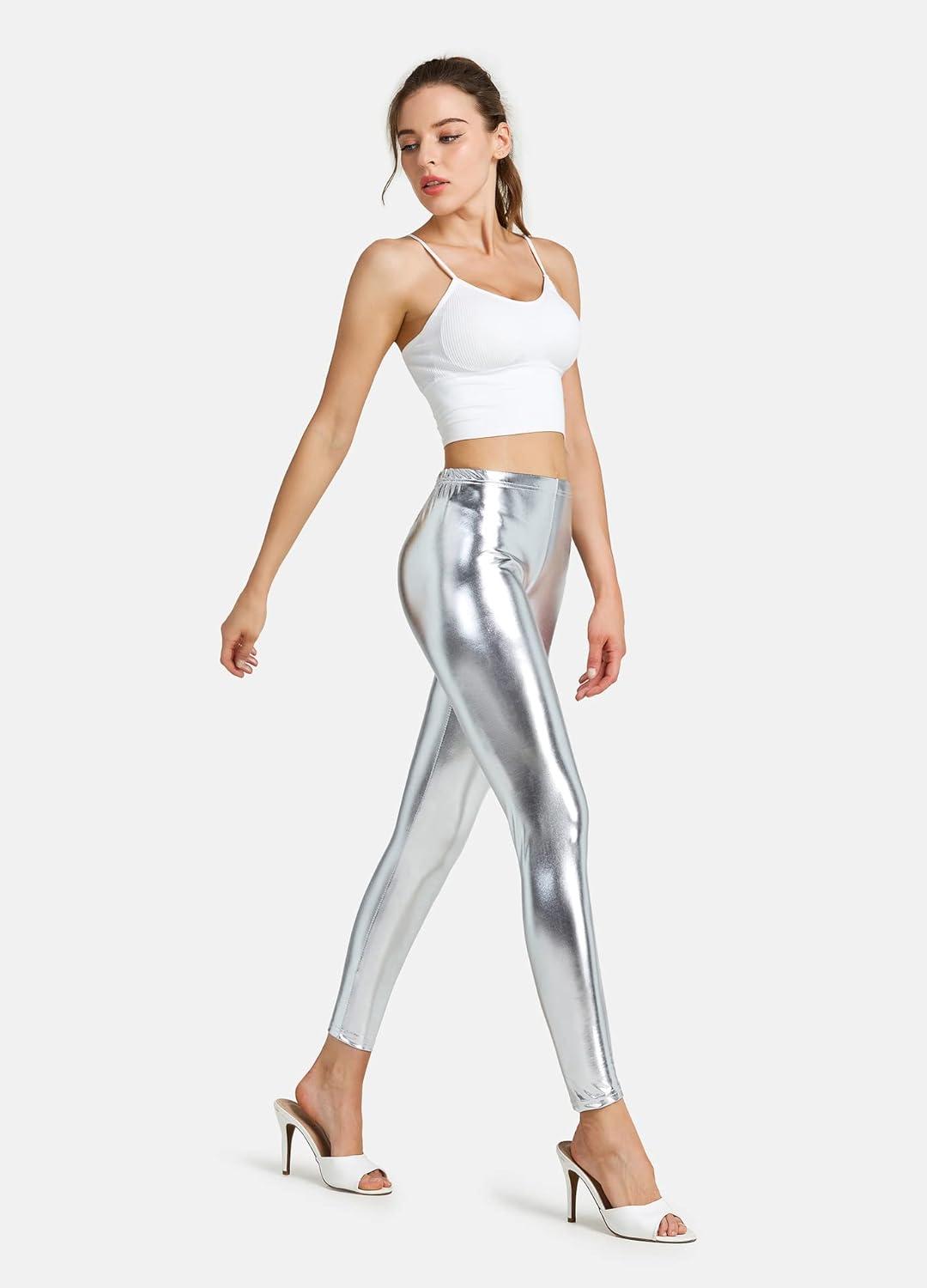 imageWomen Shiny Metallic Sports Leggings Bright Pencil Pant Fitness Fashion Jeggings Candy Color TrousersSilver