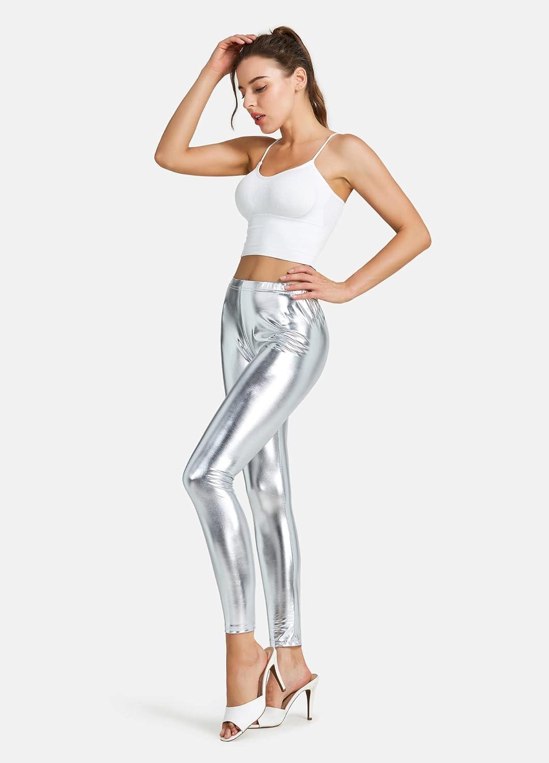 imageWomen Shiny Metallic Sports Leggings Bright Pencil Pant Fitness Fashion Jeggings Candy Color TrousersSilver