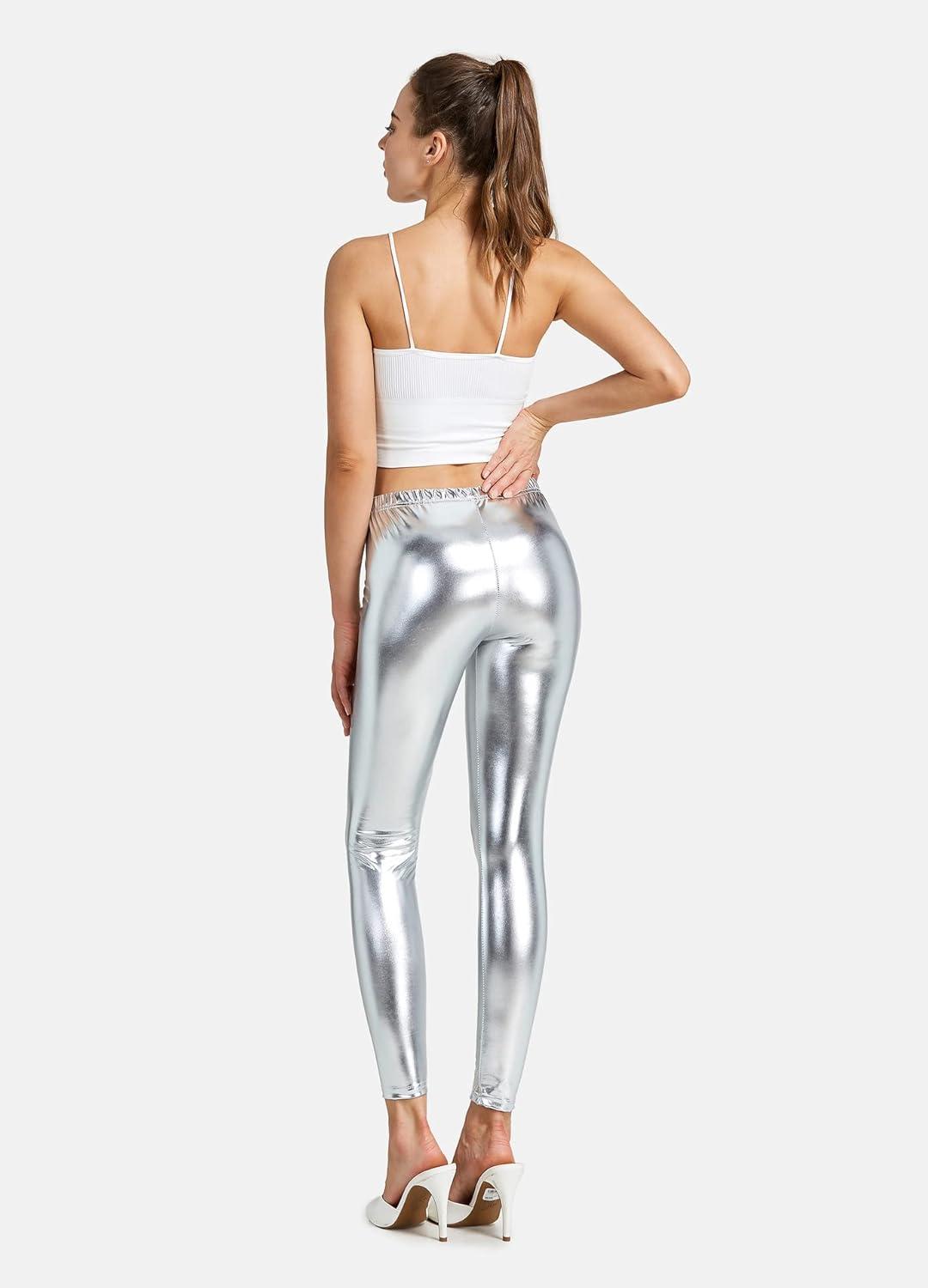imageWomen Shiny Metallic Sports Leggings Bright Pencil Pant Fitness Fashion Jeggings Candy Color TrousersSilver