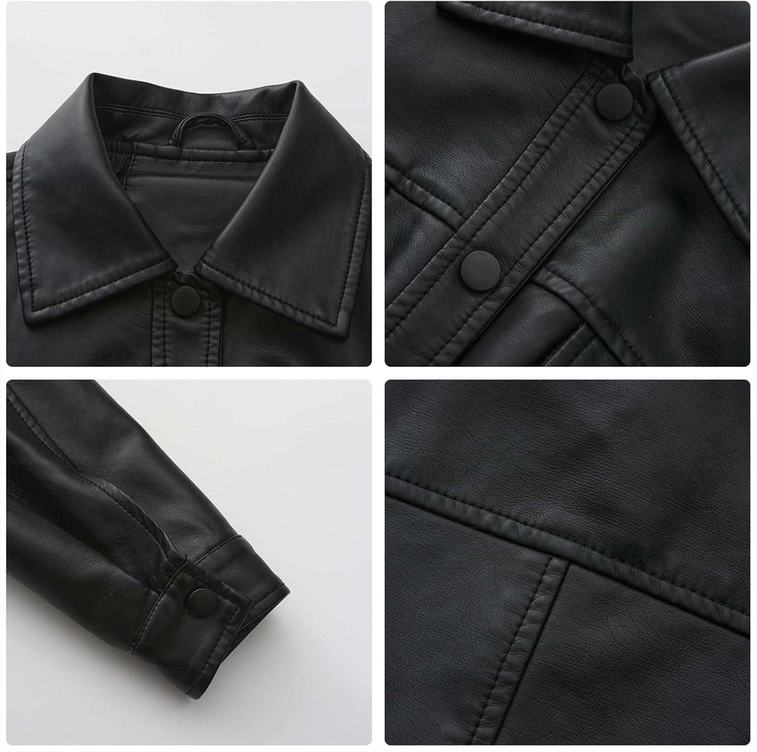 imageWomens Faux Leather Jacket Classic ButtonDown Style Cropped Length with Front Pockets PU Moto Bike Outwear CoatBlack