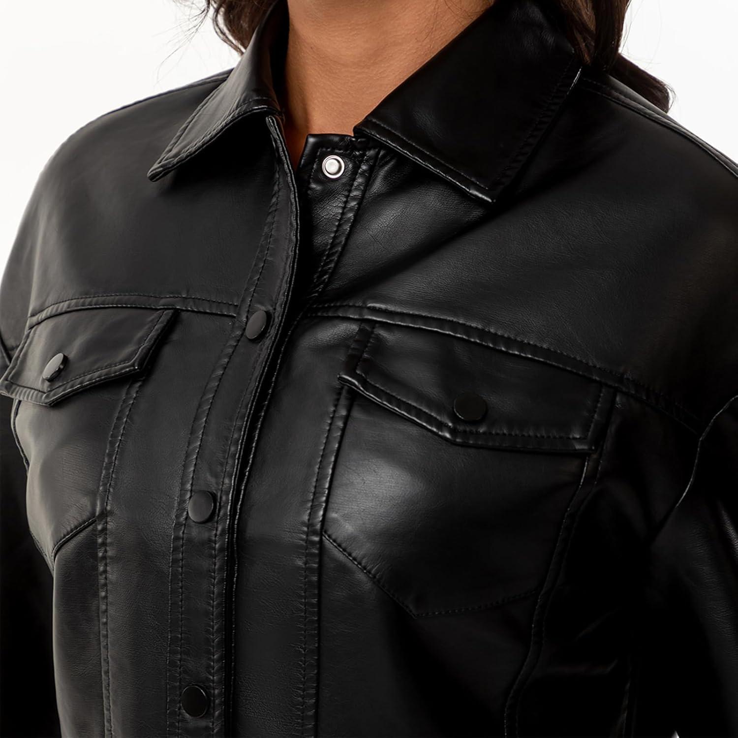 imageWomens Faux Leather Jacket Classic ButtonDown Style Cropped Length with Front Pockets PU Moto Bike Outwear CoatBlack