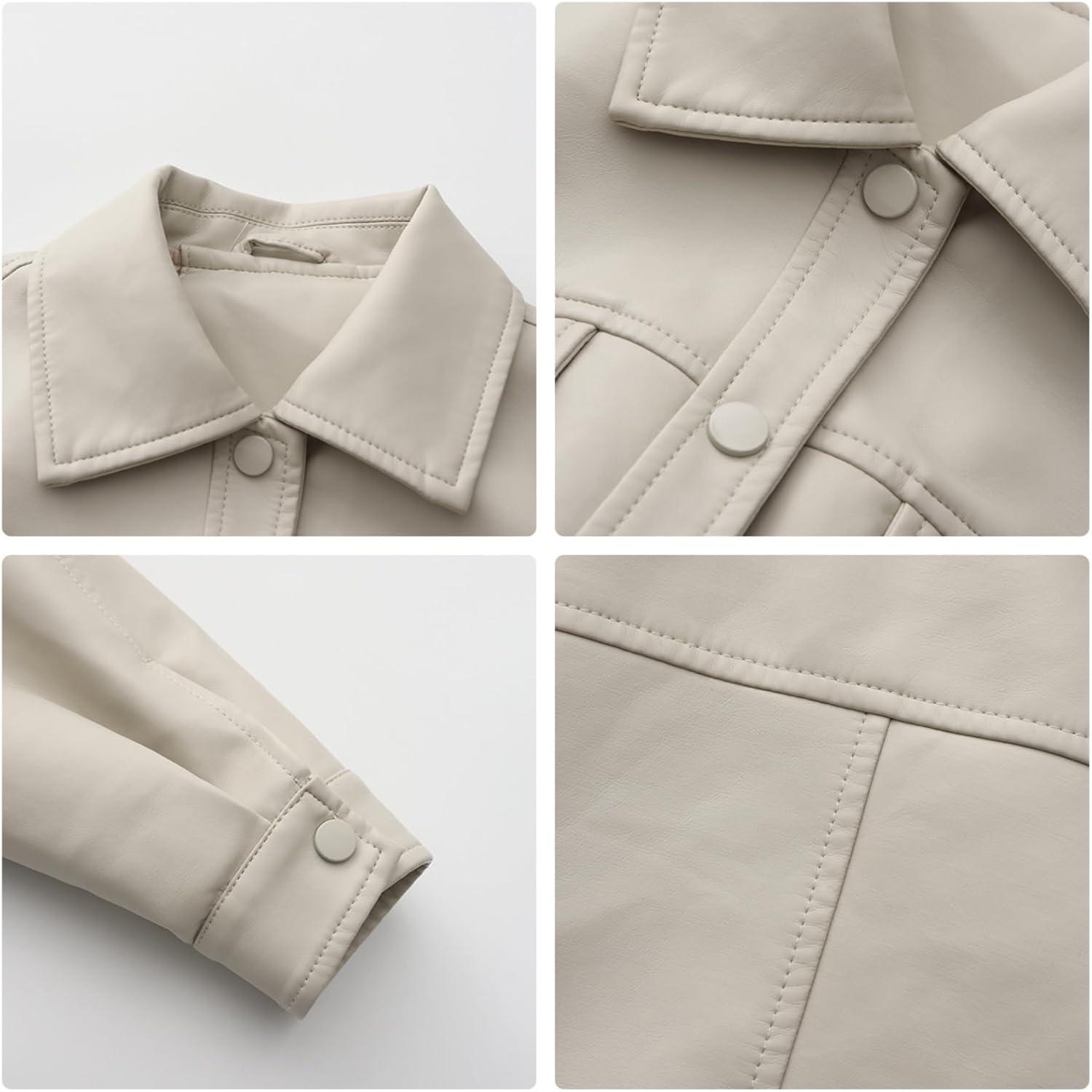 imageWomens Faux Leather Jacket Classic ButtonDown Style Cropped Length with Front Pockets PU Moto Bike Outwear CoatWhite