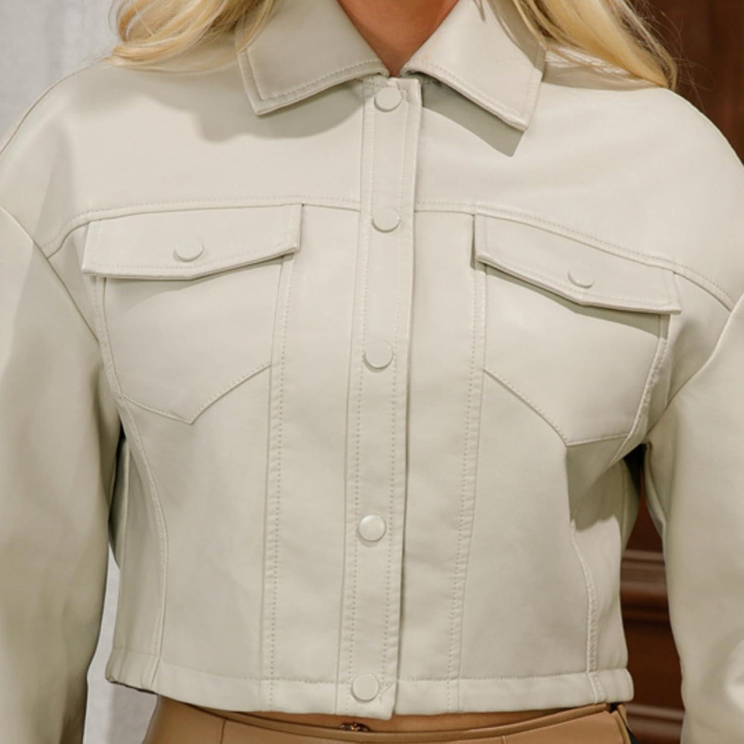 imageWomens Faux Leather Jacket Classic ButtonDown Style Cropped Length with Front Pockets PU Moto Bike Outwear CoatWhite
