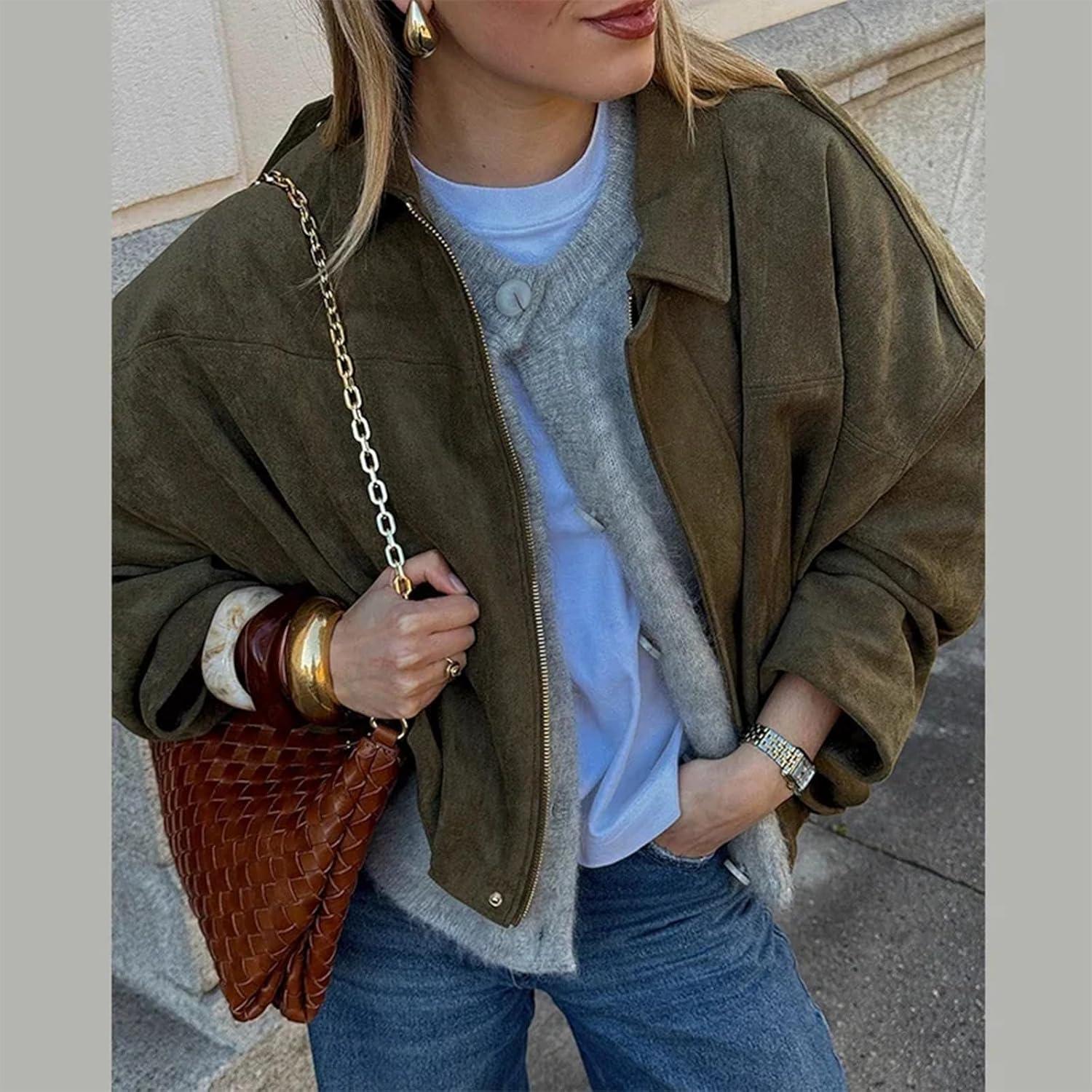 imageWomens Faux Suede Bomber Jacket Oversized Pilot Coats Fall Lapel Zip Up Motorcycle Streetwear OuterwearArmy Green
