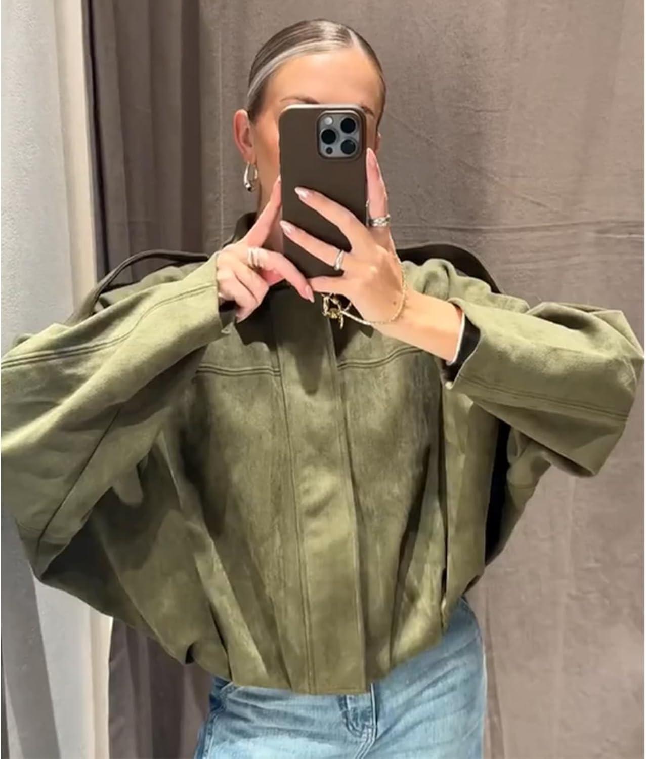 imageWomens Faux Suede Bomber Jacket Oversized Pilot Coats Fall Lapel Zip Up Motorcycle Streetwear OuterwearArmy Green