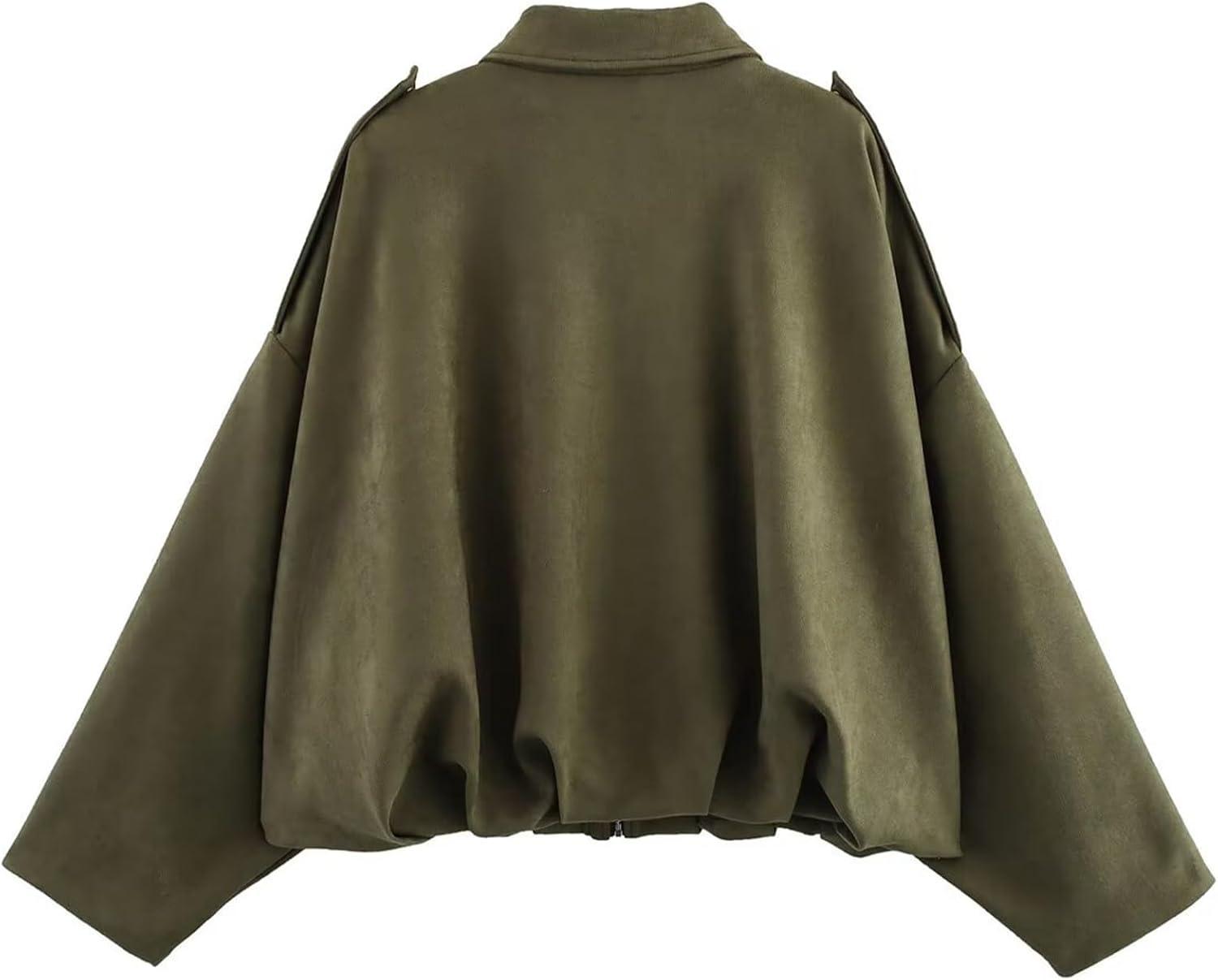 imageWomens Faux Suede Bomber Jacket Oversized Pilot Coats Fall Lapel Zip Up Motorcycle Streetwear OuterwearArmy Green