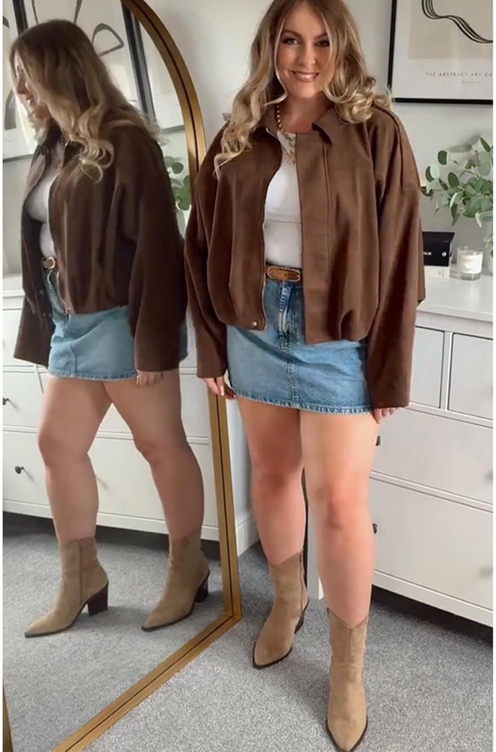 imageWomens Faux Suede Bomber Jacket Oversized Pilot Coats Fall Lapel Zip Up Motorcycle Streetwear OuterwearPocket Coffee