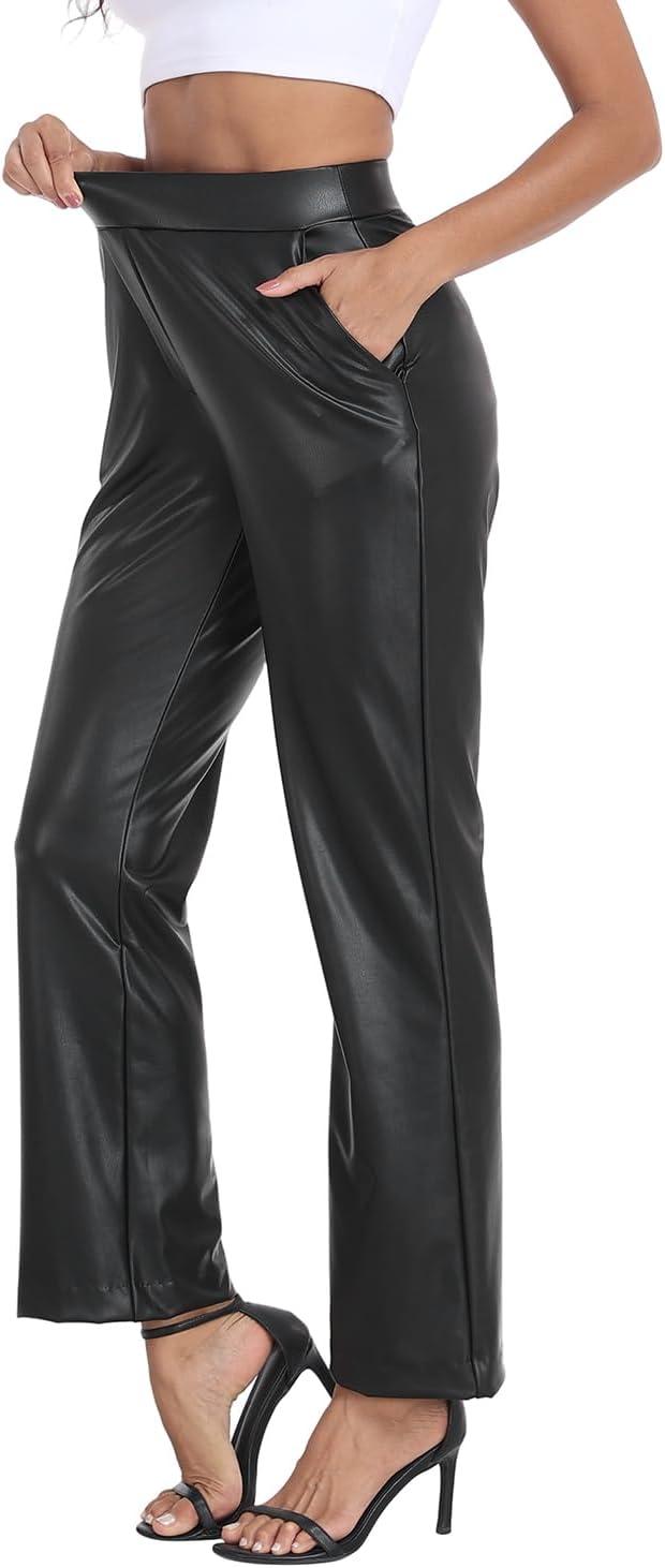 imageWomens Pull On Faux Leather Pants Black High Waisted PU Leather Kick Flare Pants with PocketsBlack