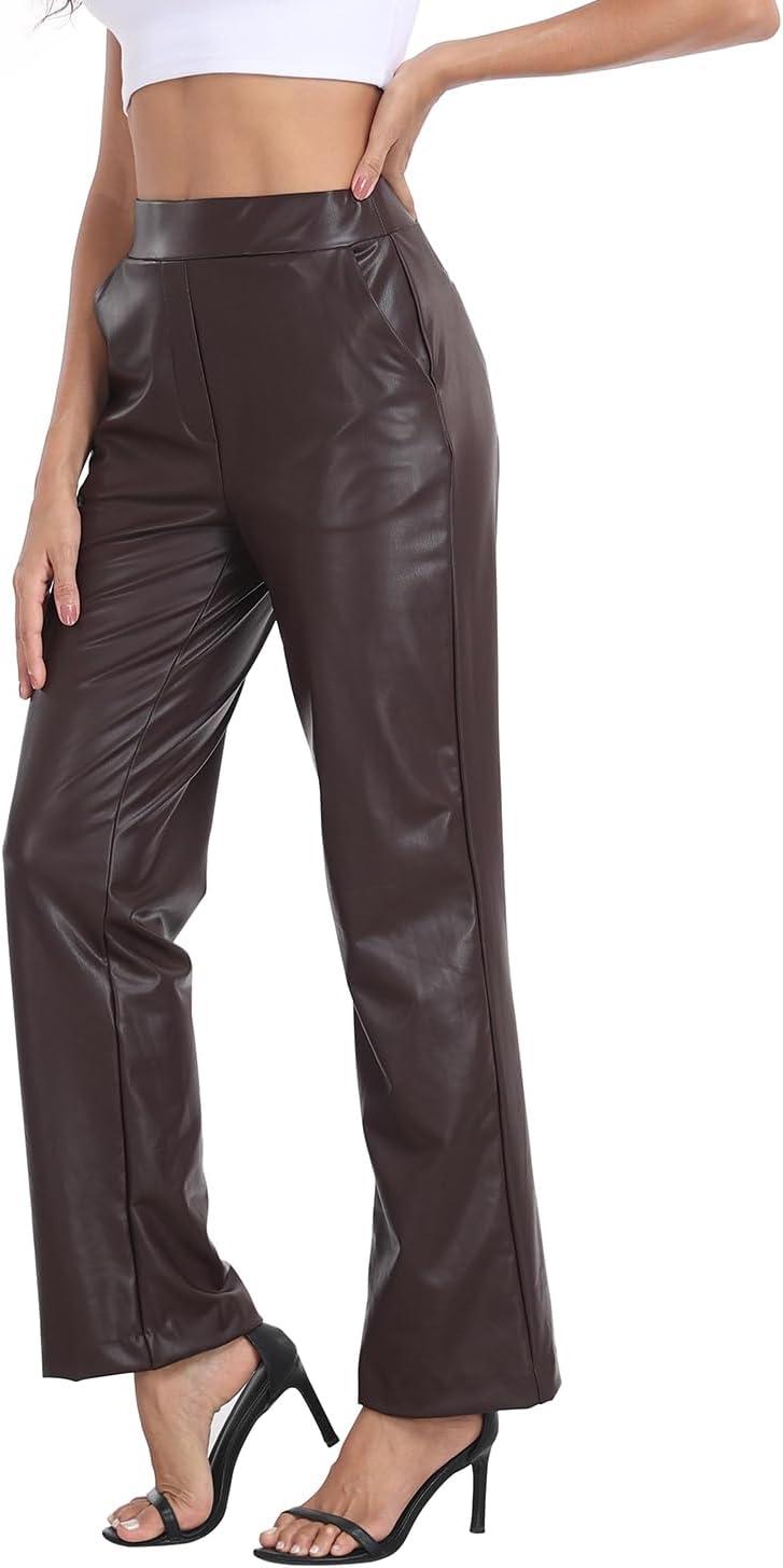 imageWomens Pull On Faux Leather Pants Black High Waisted PU Leather Kick Flare Pants with PocketsBrown
