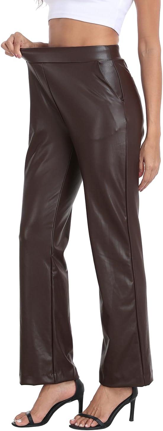 imageWomens Pull On Faux Leather Pants Black High Waisted PU Leather Kick Flare Pants with PocketsBrown