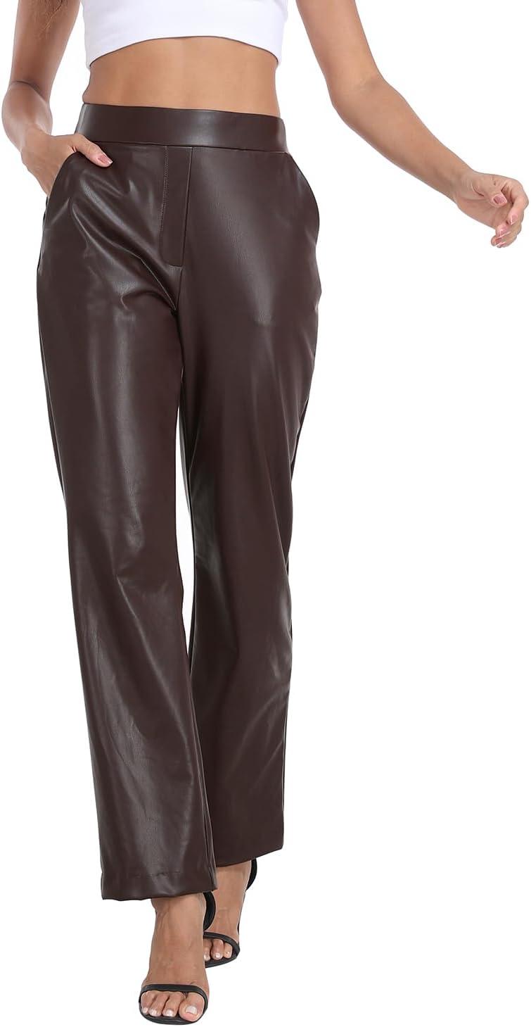 imageWomens Pull On Faux Leather Pants Black High Waisted PU Leather Kick Flare Pants with PocketsBrown