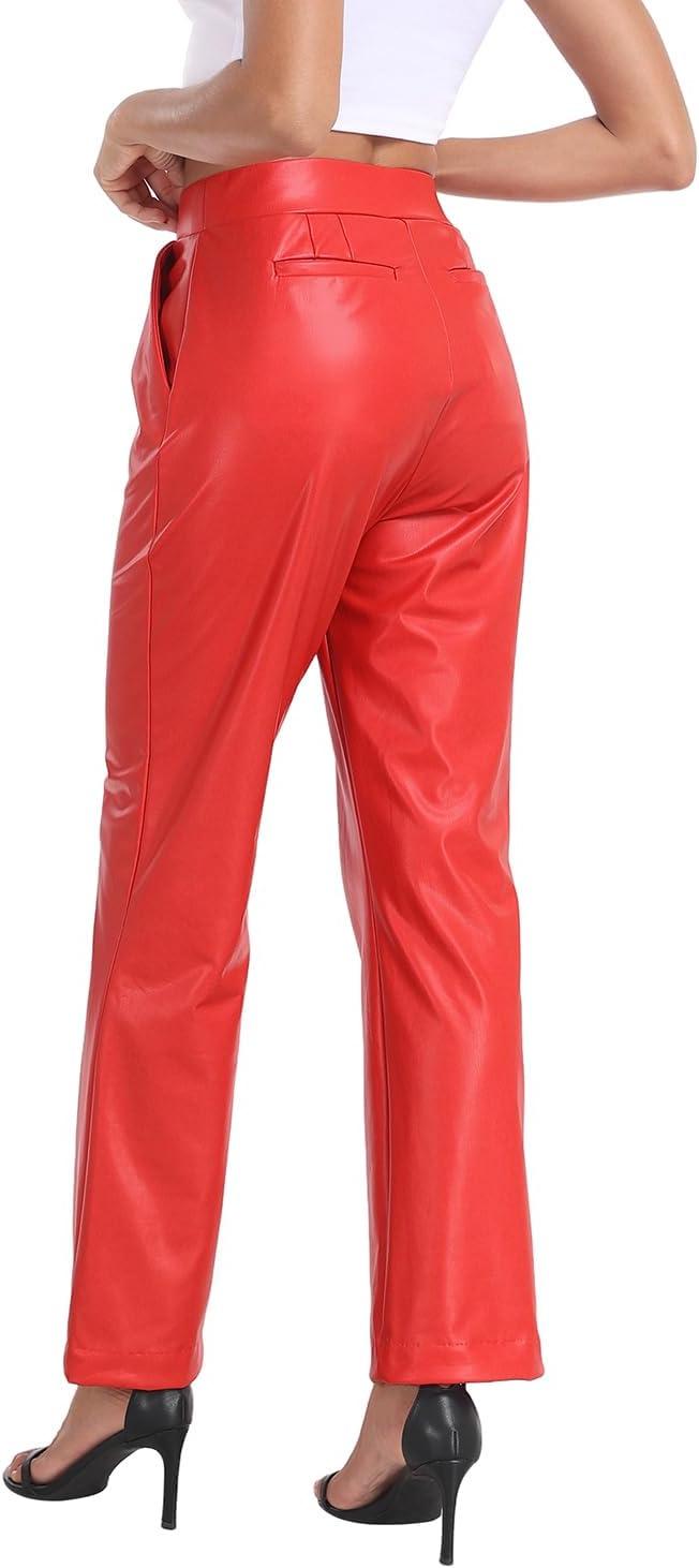imageWomens Pull On Faux Leather Pants Black High Waisted PU Leather Kick Flare Pants with PocketsRed