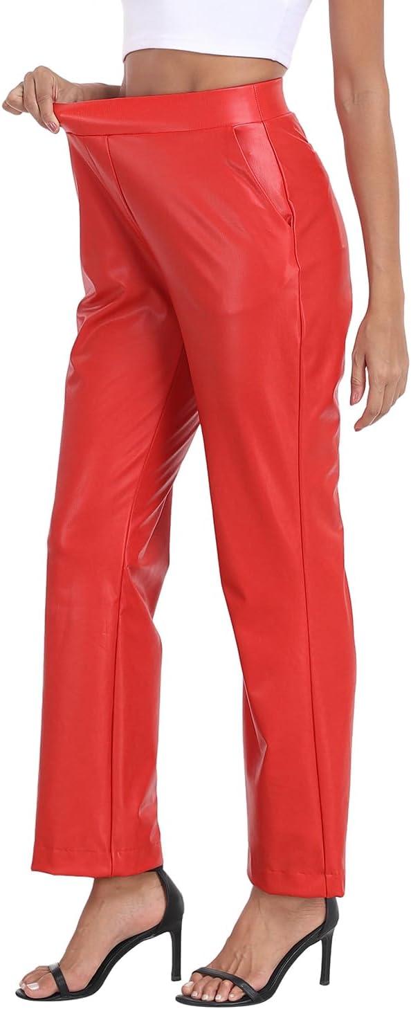 imageWomens Pull On Faux Leather Pants Black High Waisted PU Leather Kick Flare Pants with PocketsRed