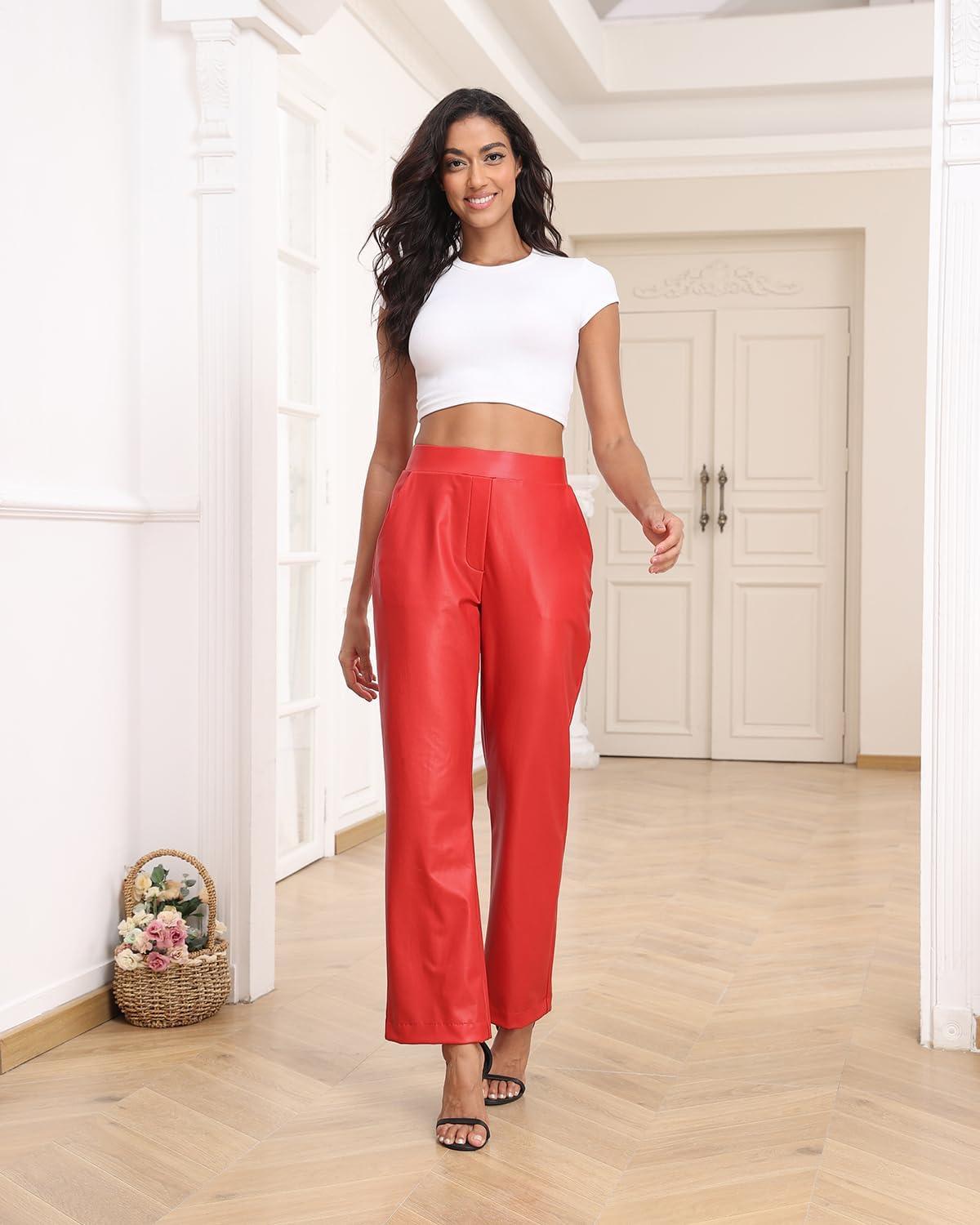 imageWomens Pull On Faux Leather Pants Black High Waisted PU Leather Kick Flare Pants with PocketsRed