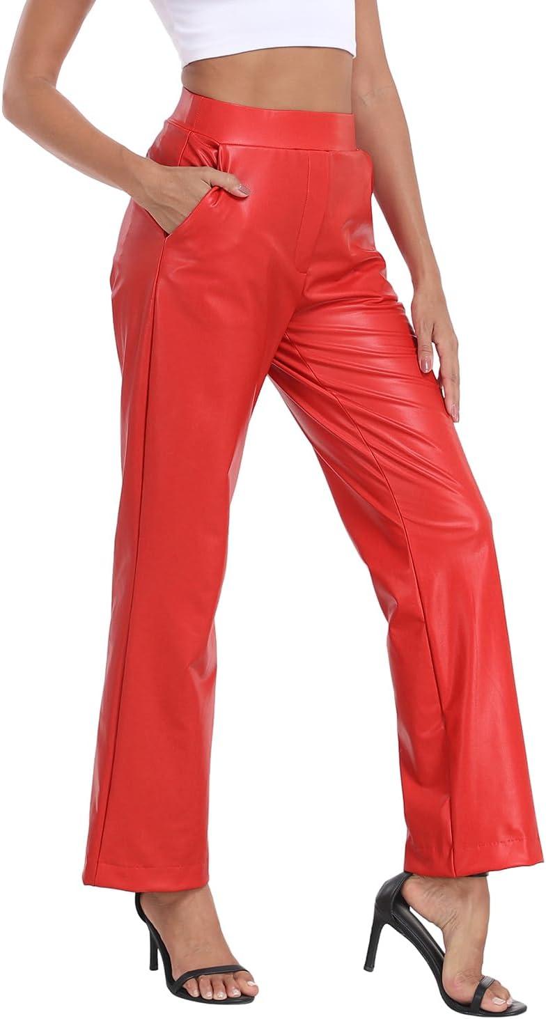 imageWomens Pull On Faux Leather Pants Black High Waisted PU Leather Kick Flare Pants with PocketsRed