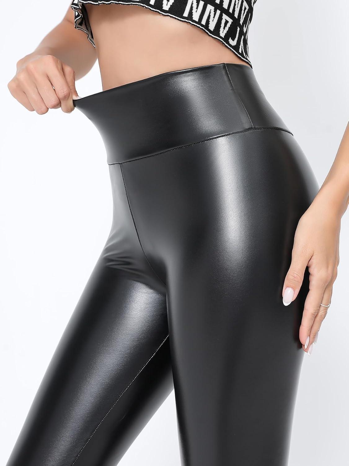 imageWomens White PU Faux Leather Leggings High Waisted Yoga Pants for Women Stretchy Sexy TightsBlack