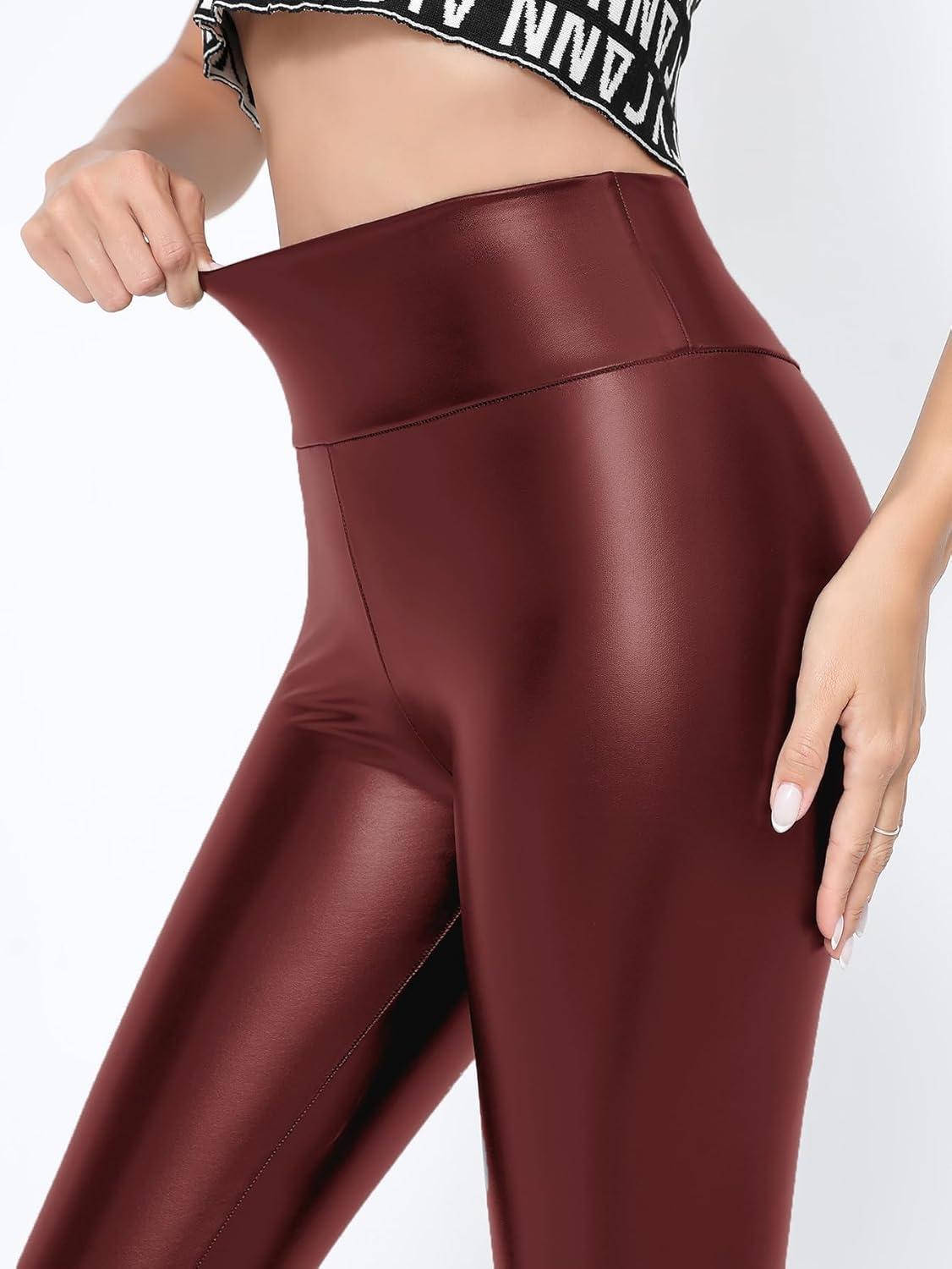 imageWomens White PU Faux Leather Leggings High Waisted Yoga Pants for Women Stretchy Sexy TightsRed