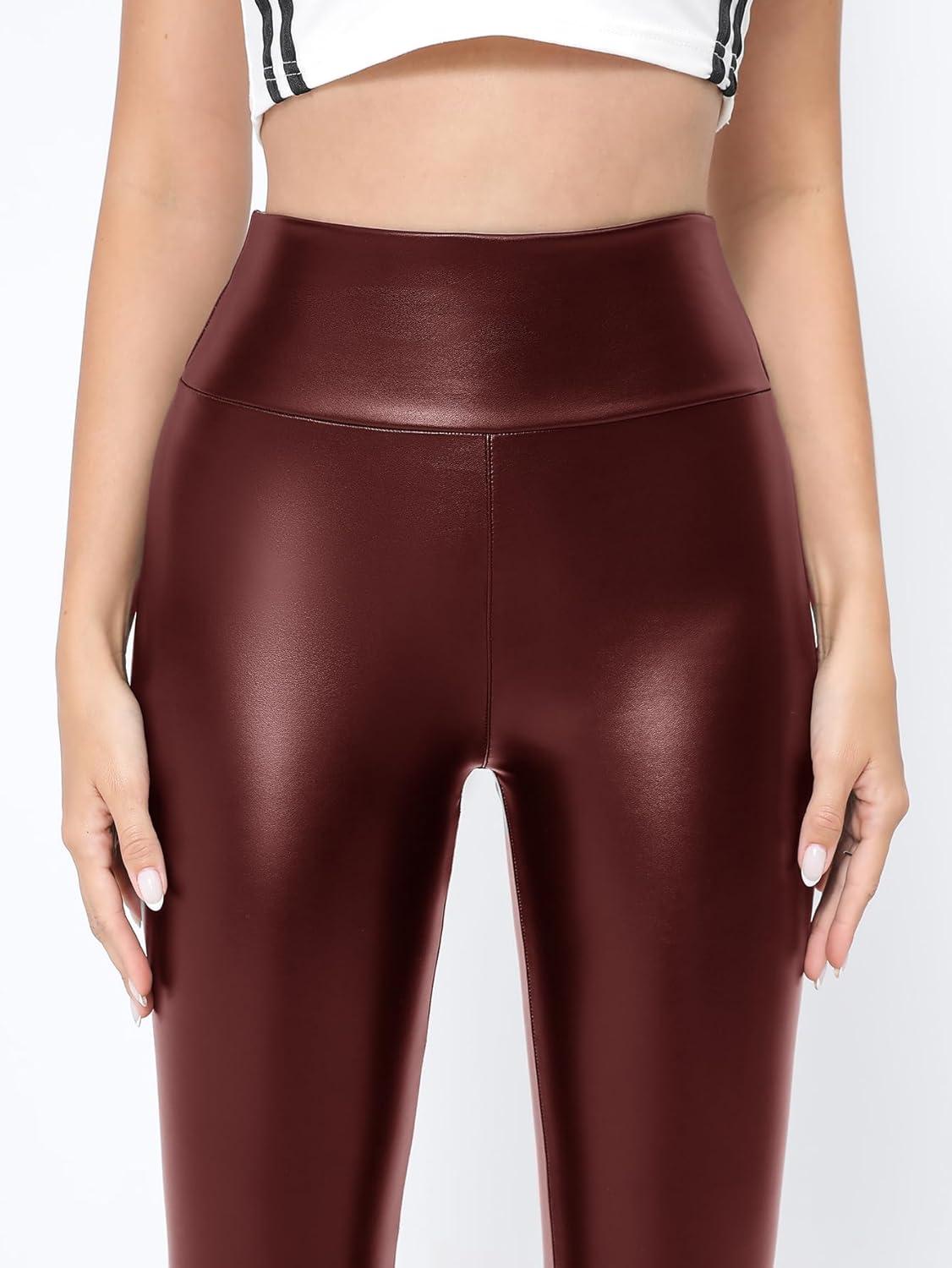 imageWomens White PU Faux Leather Leggings High Waisted Yoga Pants for Women Stretchy Sexy TightsRed