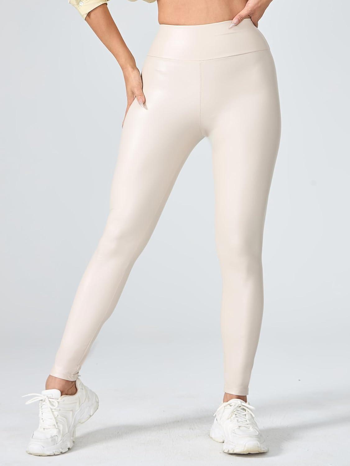 imageWomens White PU Faux Leather Leggings High Waisted Yoga Pants for Women Stretchy Sexy TightsWhite