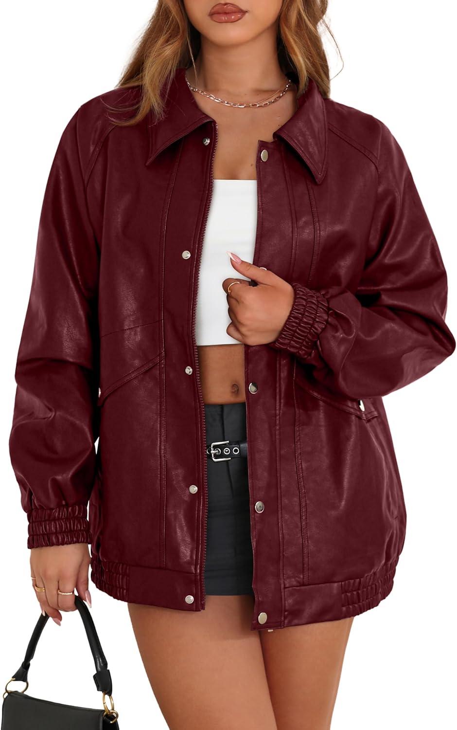 imageXIEERDUO Leather Jacket Women Fall Outfits 2025 Oversized Motorcycle Y2K Clothes Faux Leather Pocket Winter Coats Zip UpBurgundy