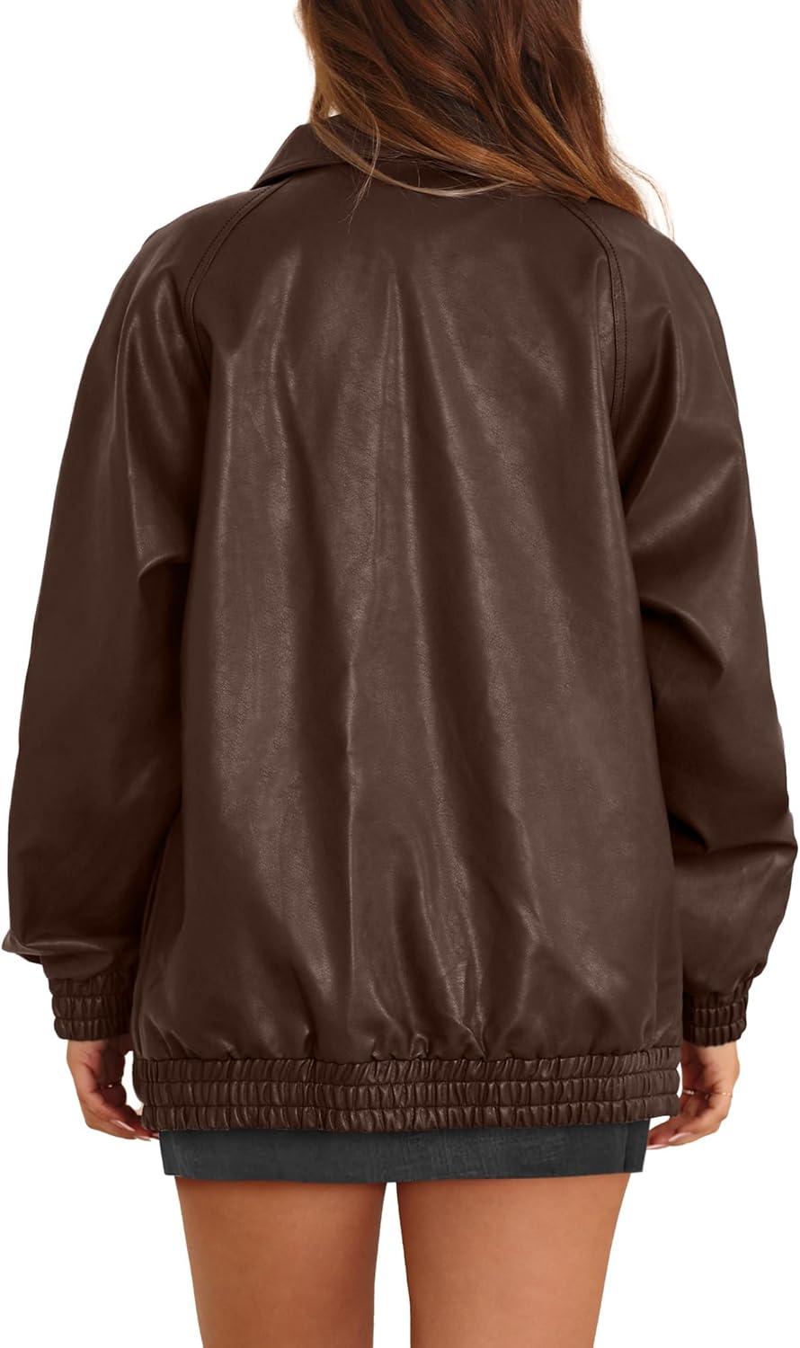 imageXIEERDUO Leather Jacket Women Fall Outfits 2025 Oversized Motorcycle Y2K Clothes Faux Leather Pocket Winter Coats Zip UpDark Brown