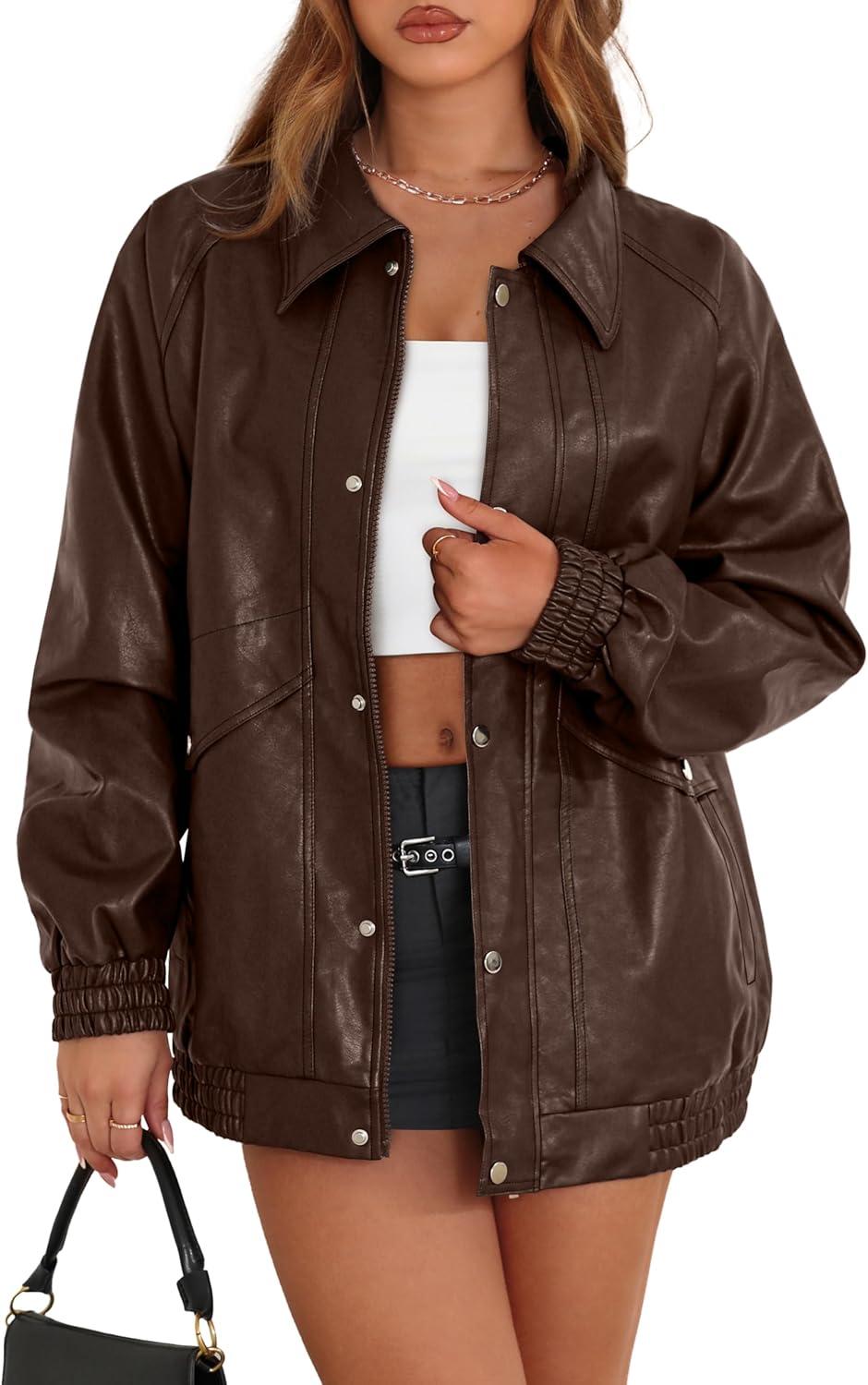 imageXIEERDUO Leather Jacket Women Fall Outfits 2025 Oversized Motorcycle Y2K Clothes Faux Leather Pocket Winter Coats Zip UpDark Brown