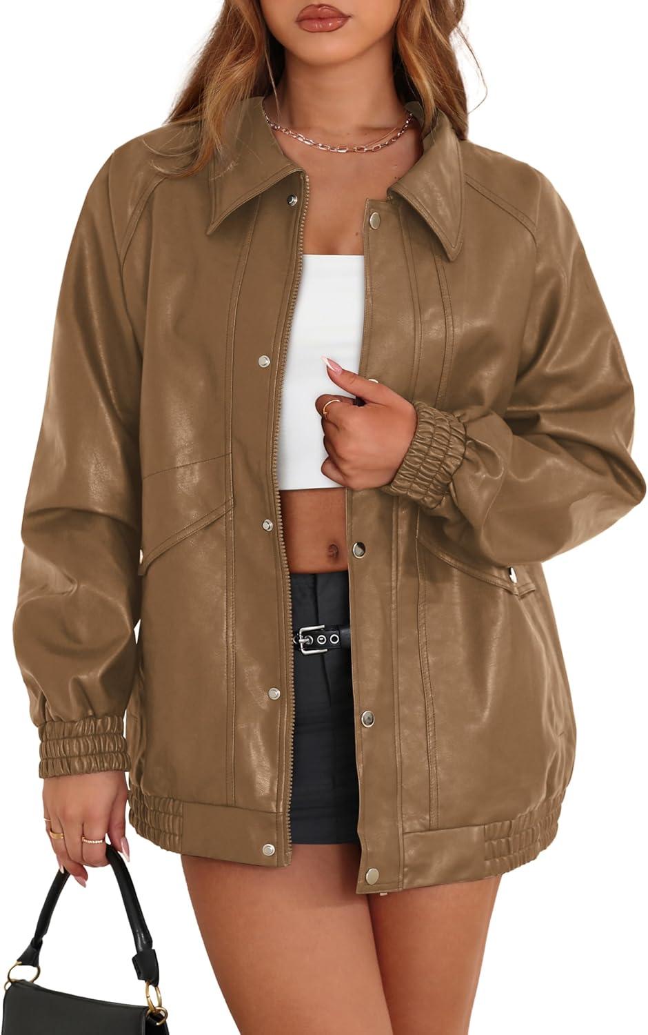 imageXIEERDUO Leather Jacket Women Fall Outfits 2025 Oversized Motorcycle Y2K Clothes Faux Leather Pocket Winter Coats Zip UpKhaki