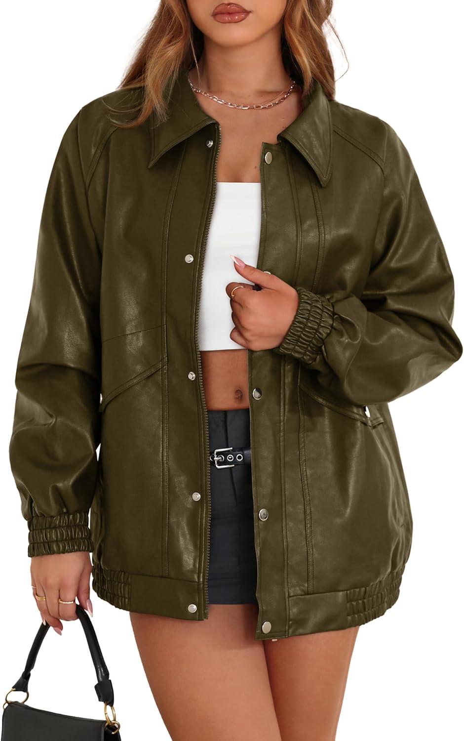 imageXIEERDUO Leather Jacket Women Fall Outfits 2025 Oversized Motorcycle Y2K Clothes Faux Leather Pocket Winter Coats Zip UpOlive Green