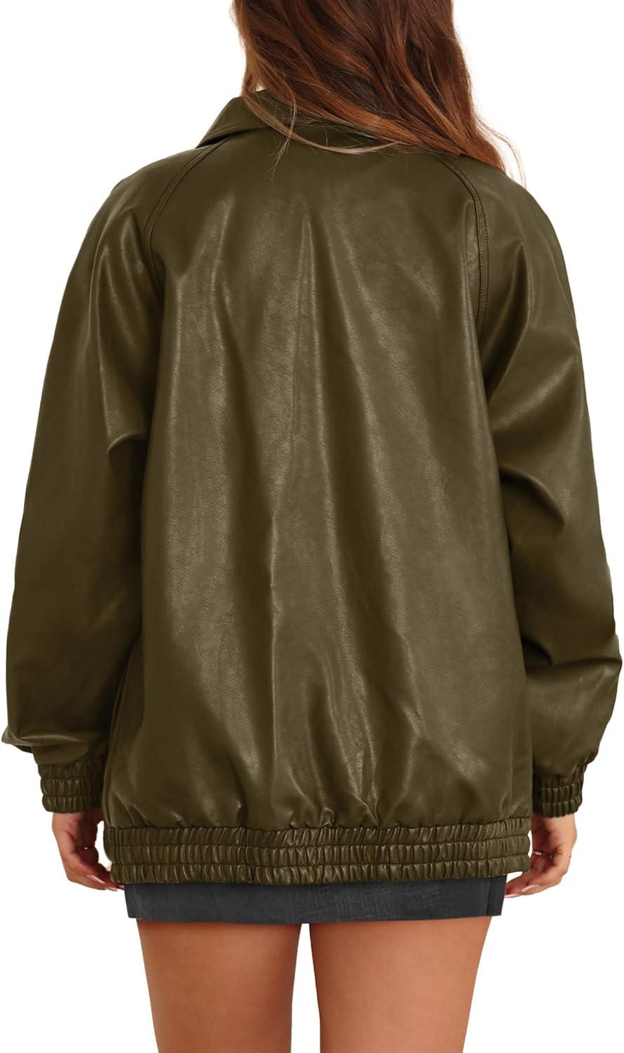 imageXIEERDUO Leather Jacket Women Fall Outfits 2025 Oversized Motorcycle Y2K Clothes Faux Leather Pocket Winter Coats Zip UpOlive Green