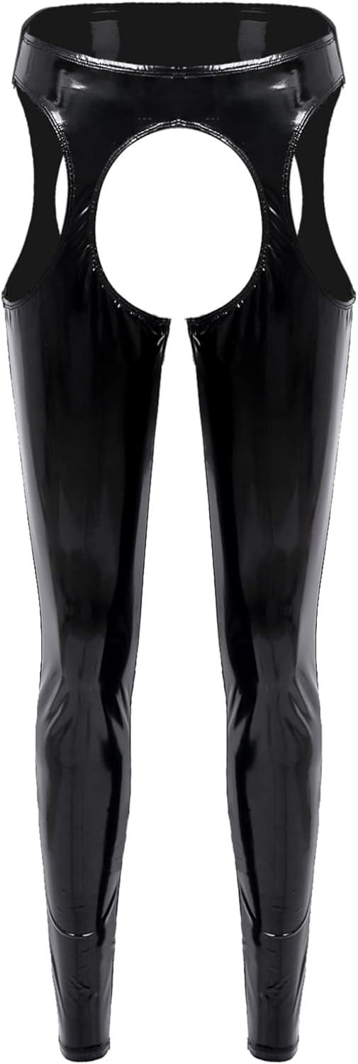 imageeasyforever Womens Wet Look Leather Leggings Trousers Cutout Pants Shiny High Waist Latex TightsBlack