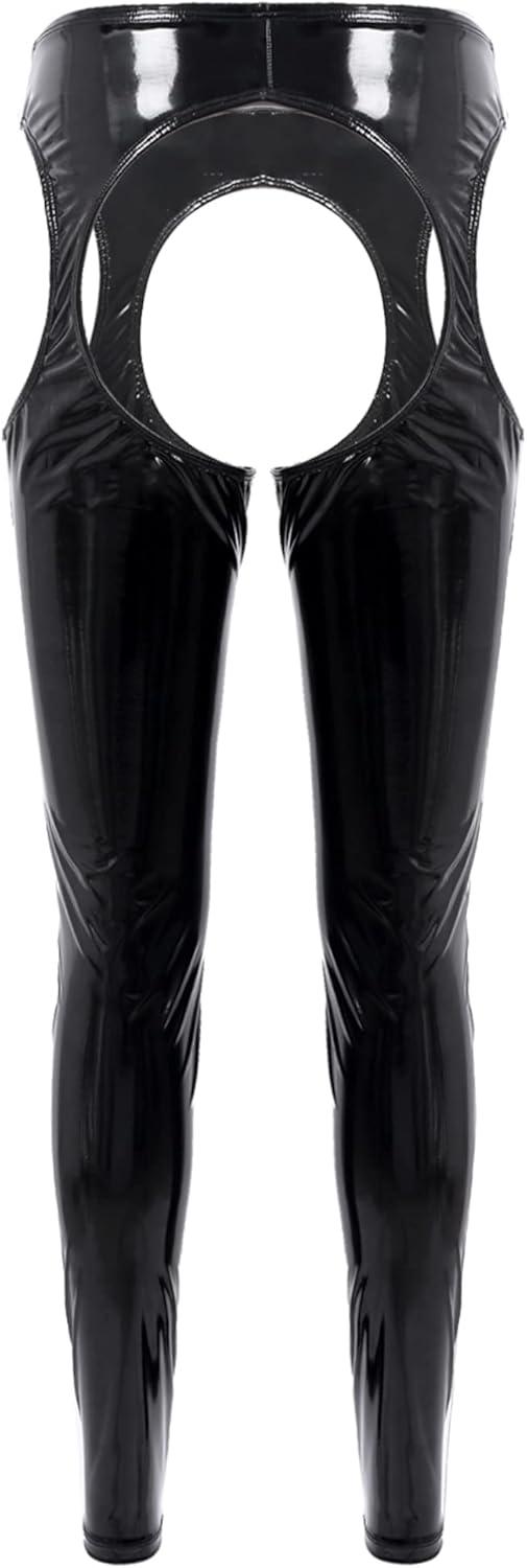 imageeasyforever Womens Wet Look Leather Leggings Trousers Cutout Pants Shiny High Waist Latex TightsBlack