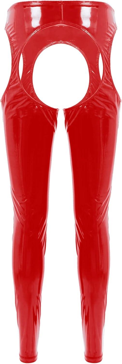 imageeasyforever Womens Wet Look Leather Leggings Trousers Cutout Pants Shiny High Waist Latex TightsRed