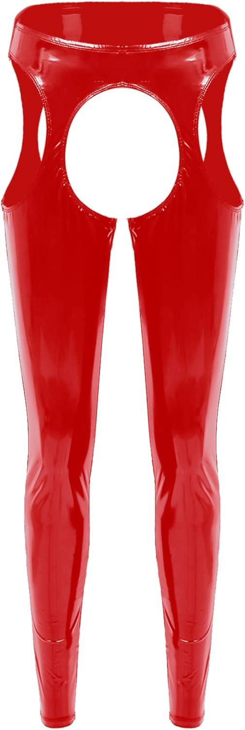 imageeasyforever Womens Wet Look Leather Leggings Trousers Cutout Pants Shiny High Waist Latex TightsRed