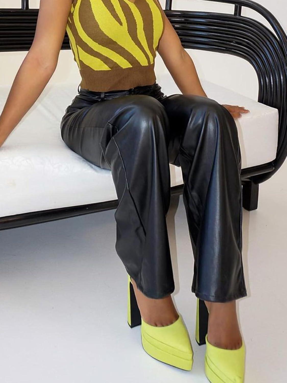 imagehibshaby Faux Leather Pants for Women High Waisted Straight Leg Long PantsLoose Black