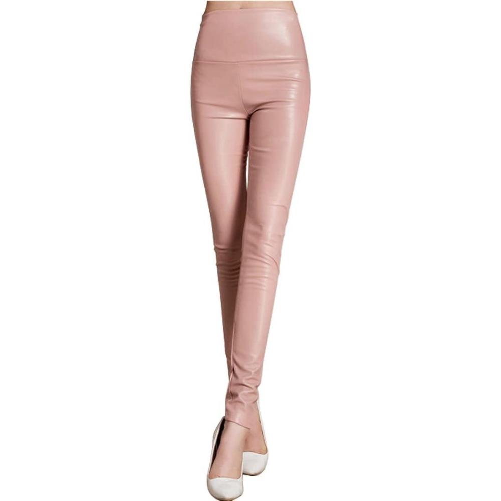 imageARJOSA Womens Faux Leather Leggings High Waist Tights Skinny PantsPale Pink