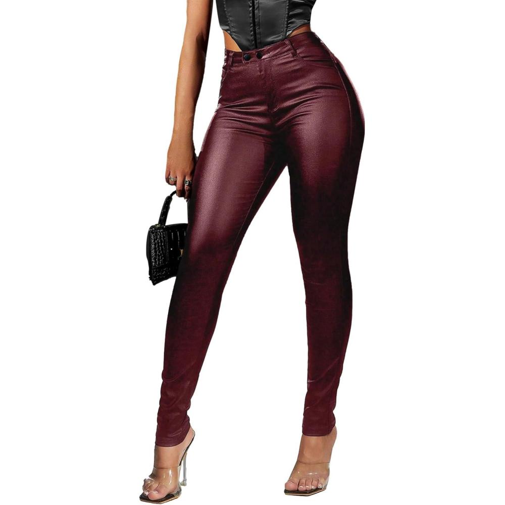 imageAvanova Women Faux Leather High Waist Sexy Leggings Stretchy Skinny PantsRed