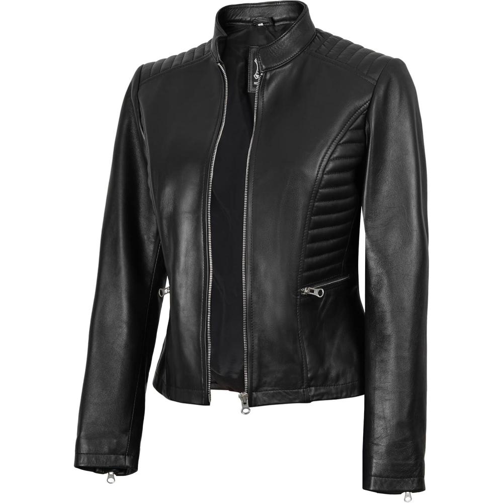 imageDecrum Leather Jacket Women Casual Real Lambskin Womens Leather JacketN185 Black Leather Jacket Women