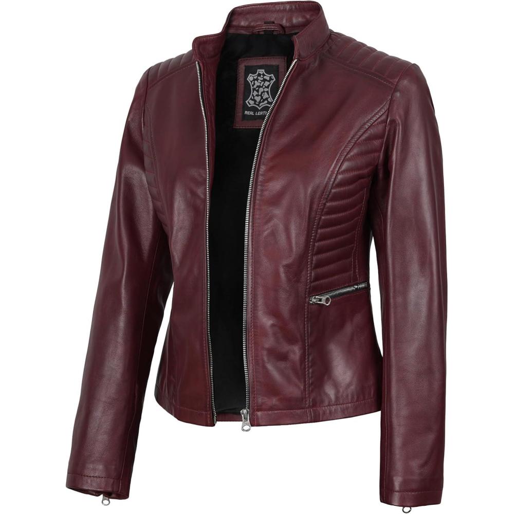 imageDecrum Leather Jacket Women Casual Real Lambskin Womens Leather JacketN185 Burgundy Leather Jacket Women