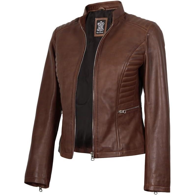 imageDecrum Leather Jacket Women Casual Real Lambskin Womens Leather JacketN185 Cognac Leather Jacket Women