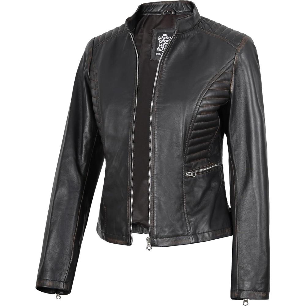 imageDecrum Leather Jacket Women Casual Real Lambskin Womens Leather JacketN185 Distressed Brown Leather Jacket Women