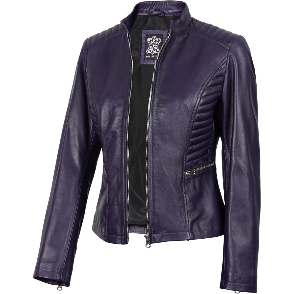 imageDecrum Leather Jacket Women Casual Real Lambskin Womens Leather JacketN185 Purple Leather Jacket Women