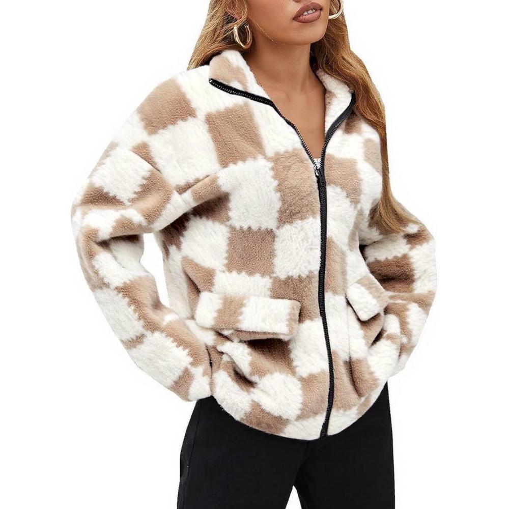 imageEARKOHA Womens 2026 Winter Coat Cow Print Fashion Zip Up Faux Fur Sherpa Jacket Warm Fleece Oversized Outwear with PocketsCheckered Khaki