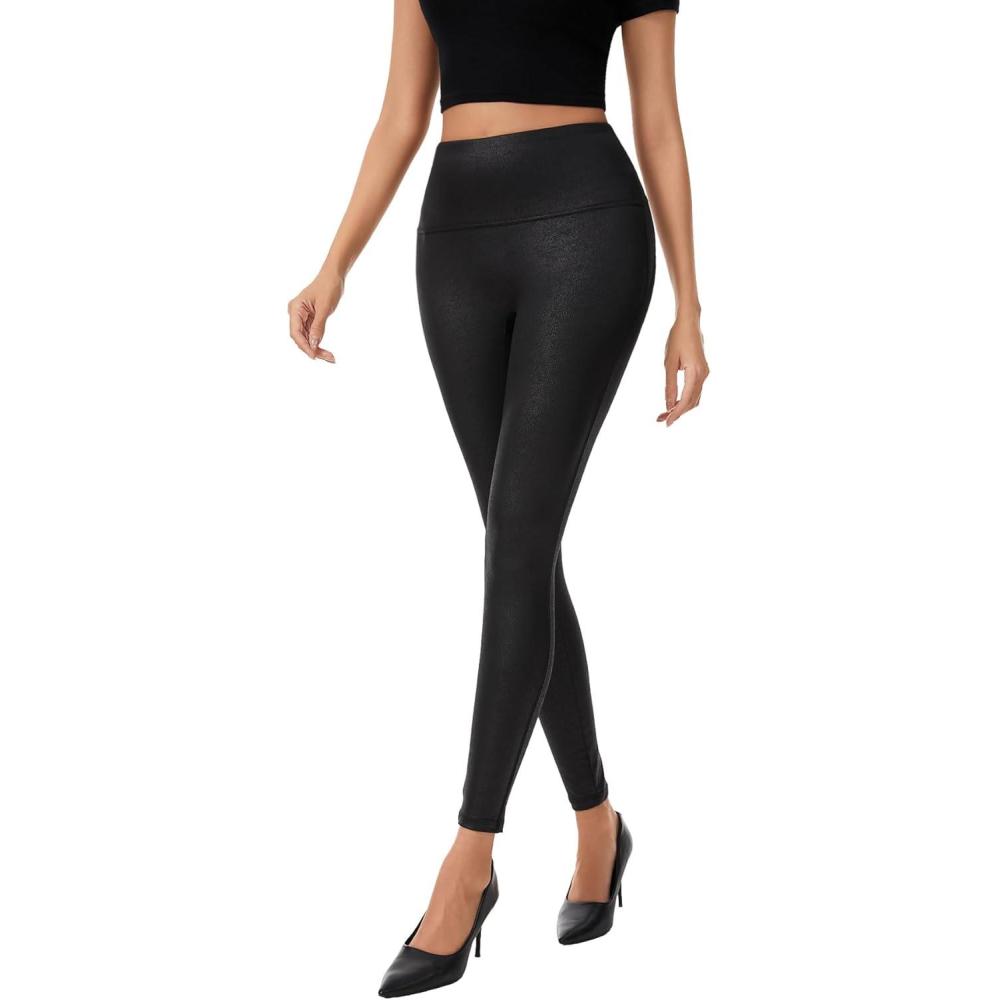 imageFaux Leather Leggings for Women Tummy Control Leather Pants High Waist Stretch PU Tights Slim Ankle LengthCracked Black