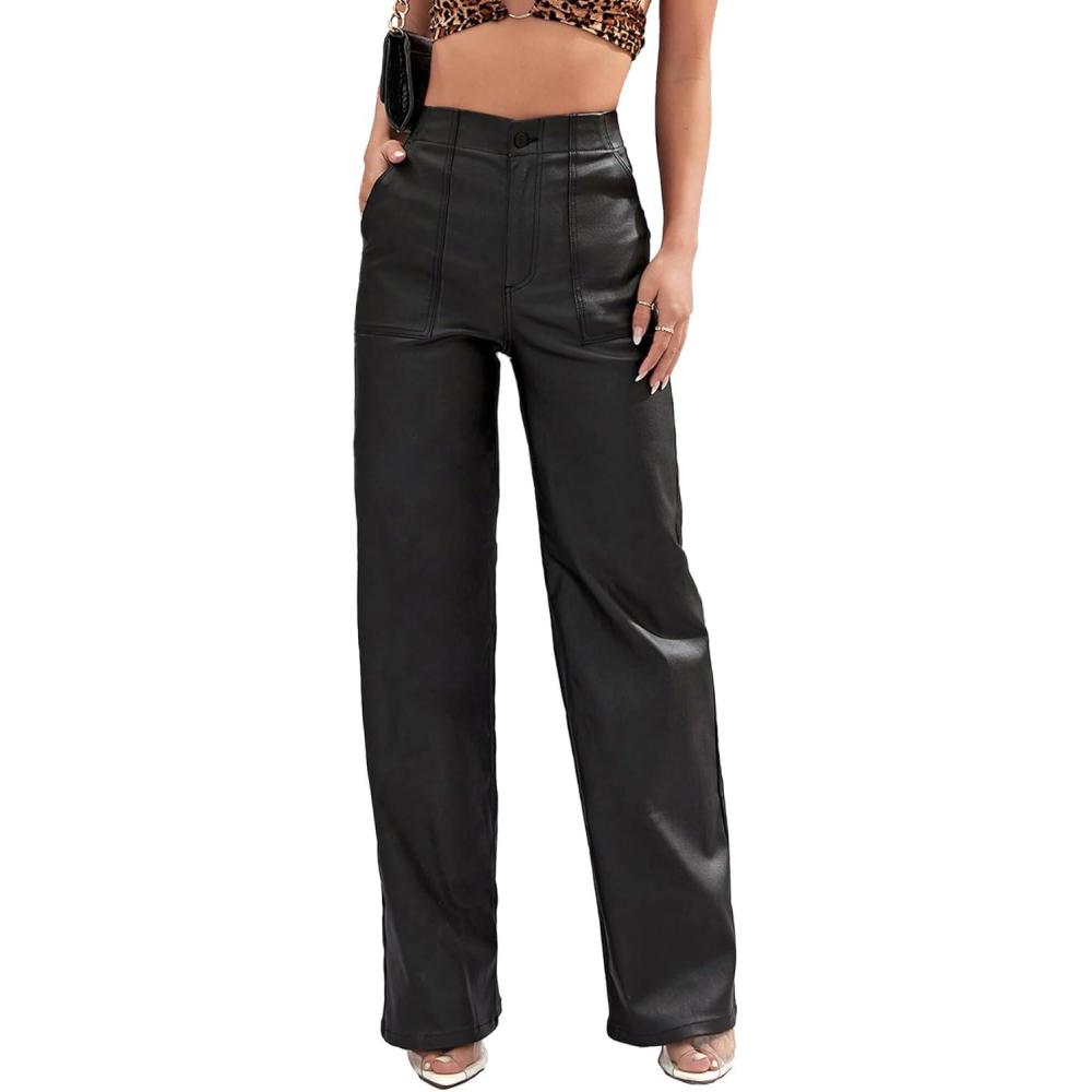 imageFaux Leather Pants High Waist Coated PU Button Straight Leather Black Leggings Wide Leg Pants with Pockets