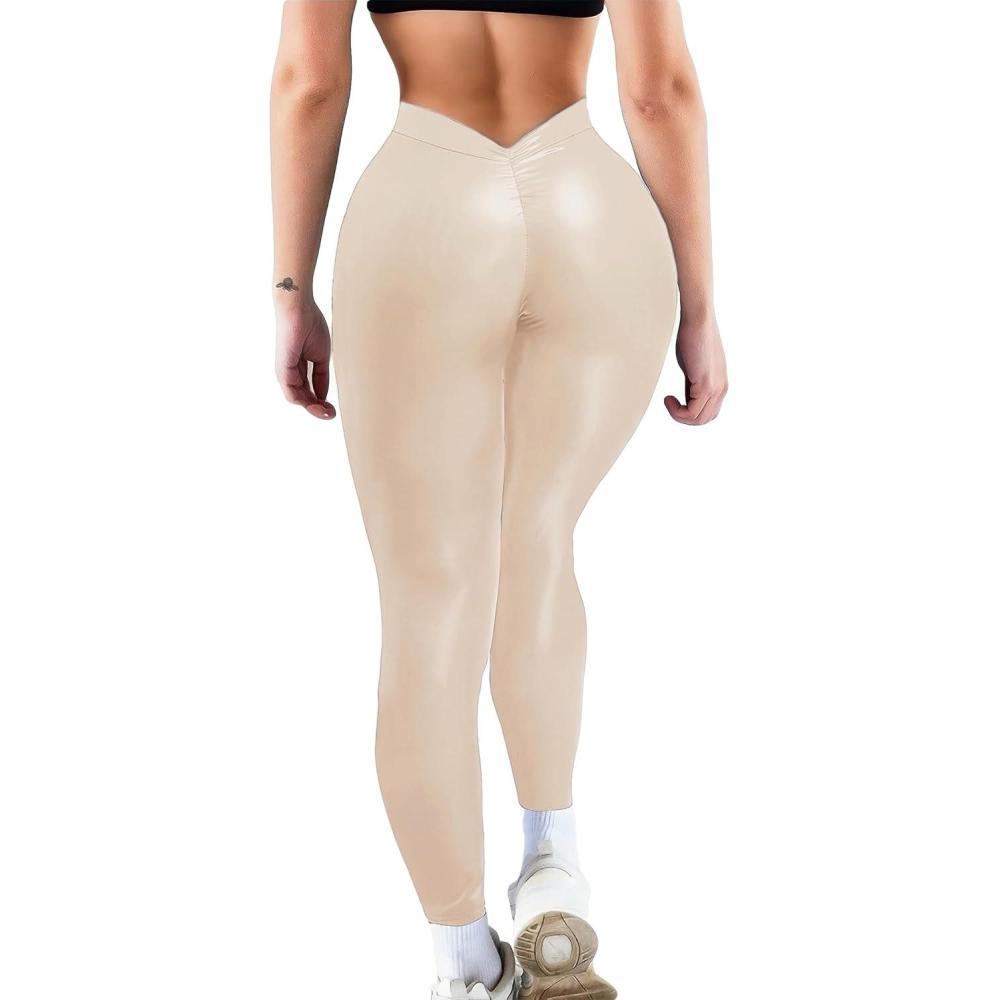 imageFaux Leather VBack Leggings for Women High Waisted Tummy Control Sexy Fashion Ruched Butt Stretch Pu Pleather TightsCream