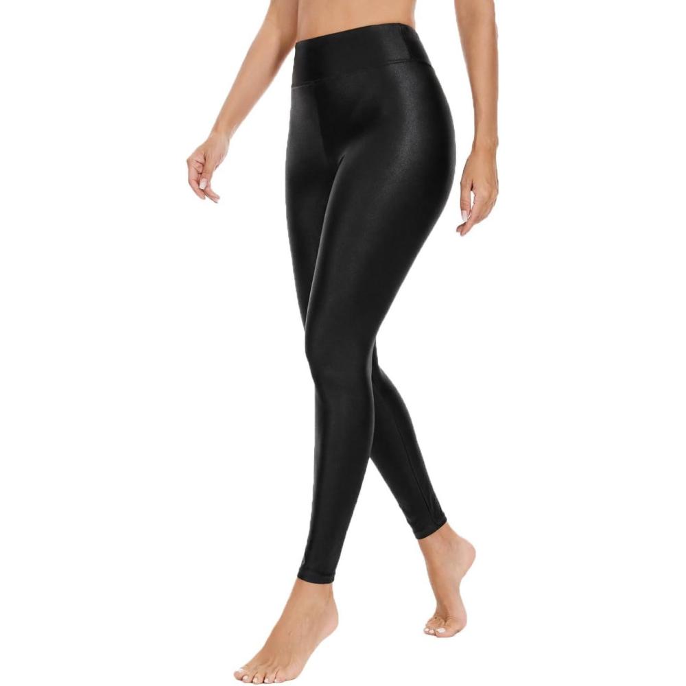 imageHody Lovy Womens Black Leggings for Gym Workout High Waisted Tummy Control Yoga PantsFaux Leatherblack