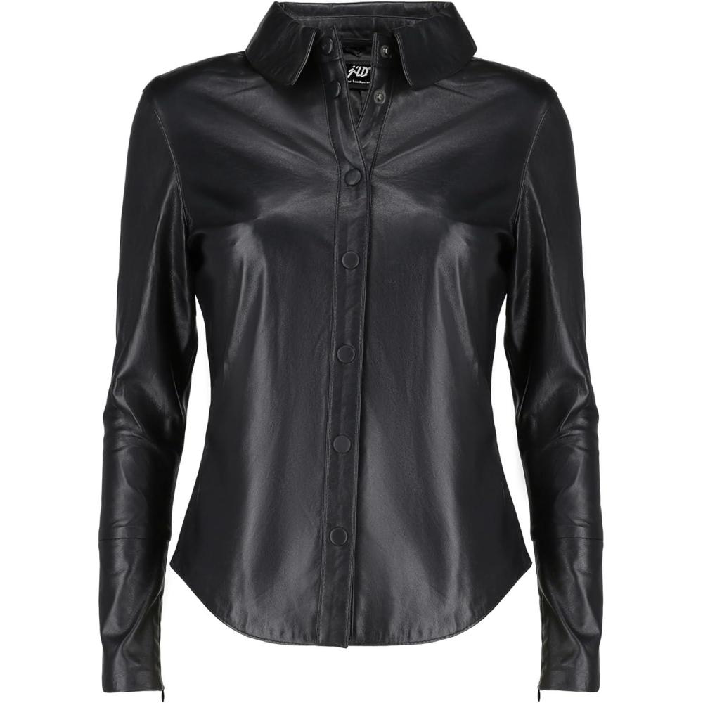 imageJild Casual Shirt Leather Jacket Women Long Sleeve Snap Button Down Soft Lambskin Leather Shacket Regular and Plus SizeBlack