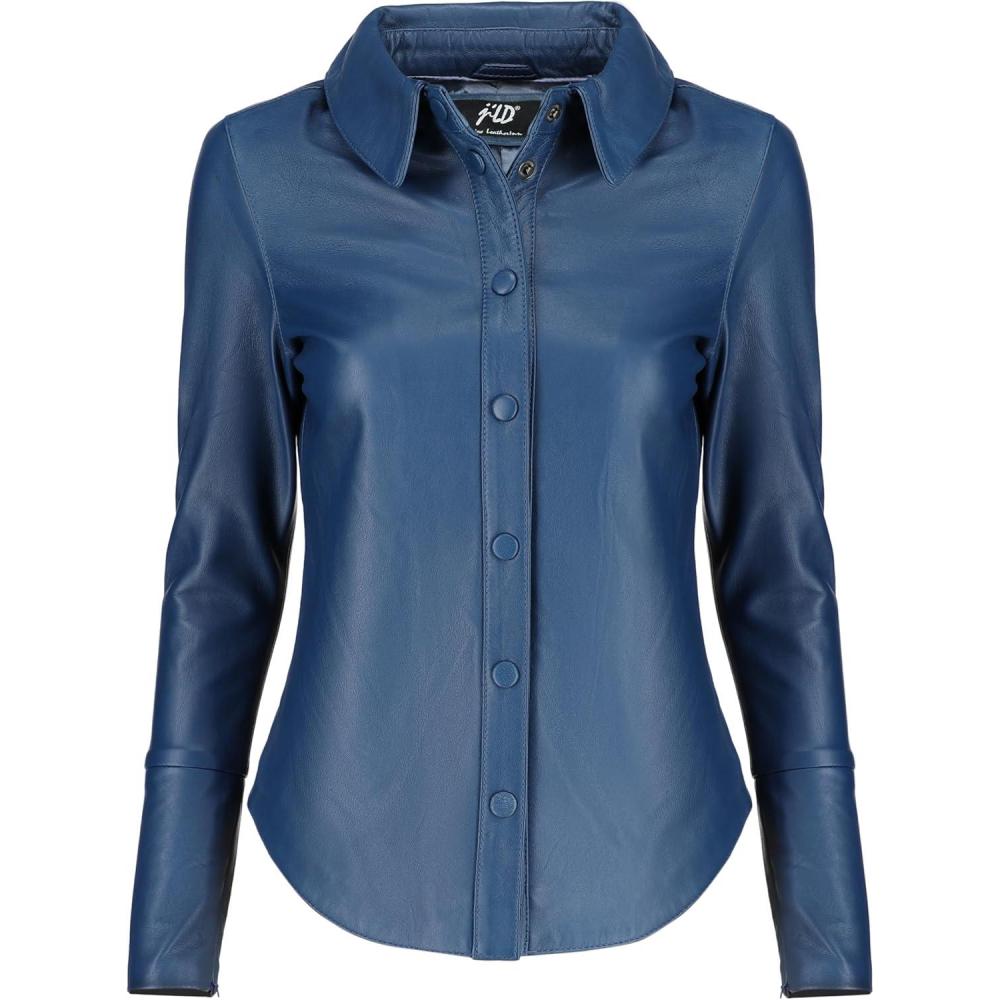 imageJild Casual Shirt Leather Jacket Women Long Sleeve Snap Button Down Soft Lambskin Leather Shacket Regular and Plus SizeBlue