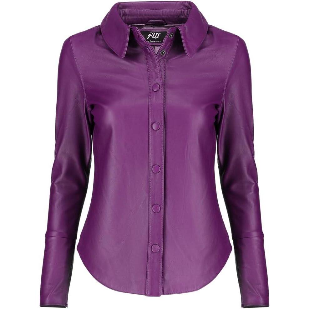 imageJild Casual Shirt Leather Jacket Women Long Sleeve Snap Button Down Soft Lambskin Leather Shacket Regular and Plus SizePurple